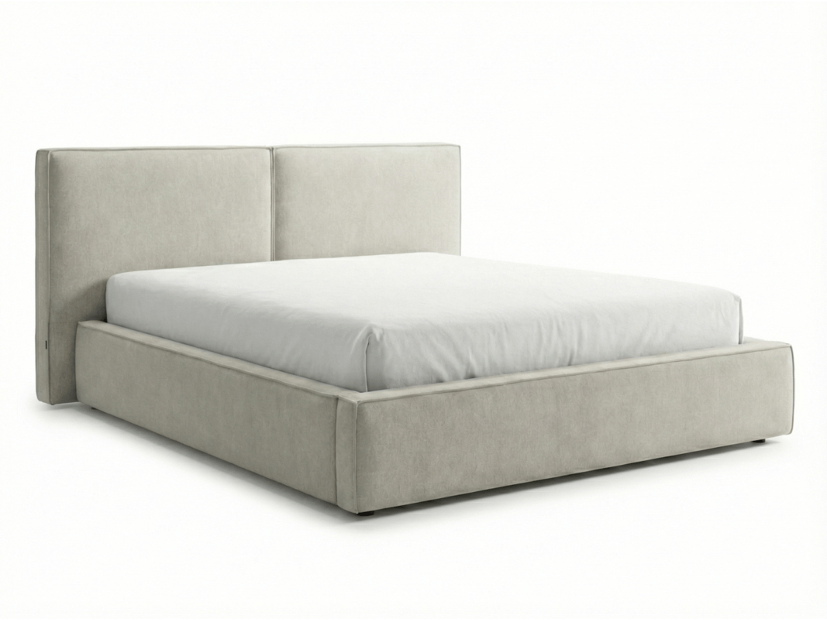 Lit coffre de rangement ALMA – Tissu beige élégant et tête de lit panoramique