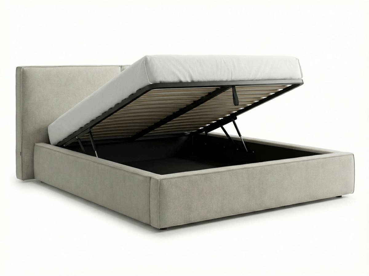 Lit coffre de rangement ALMA – Tissu beige élégant et tête de lit panoramique