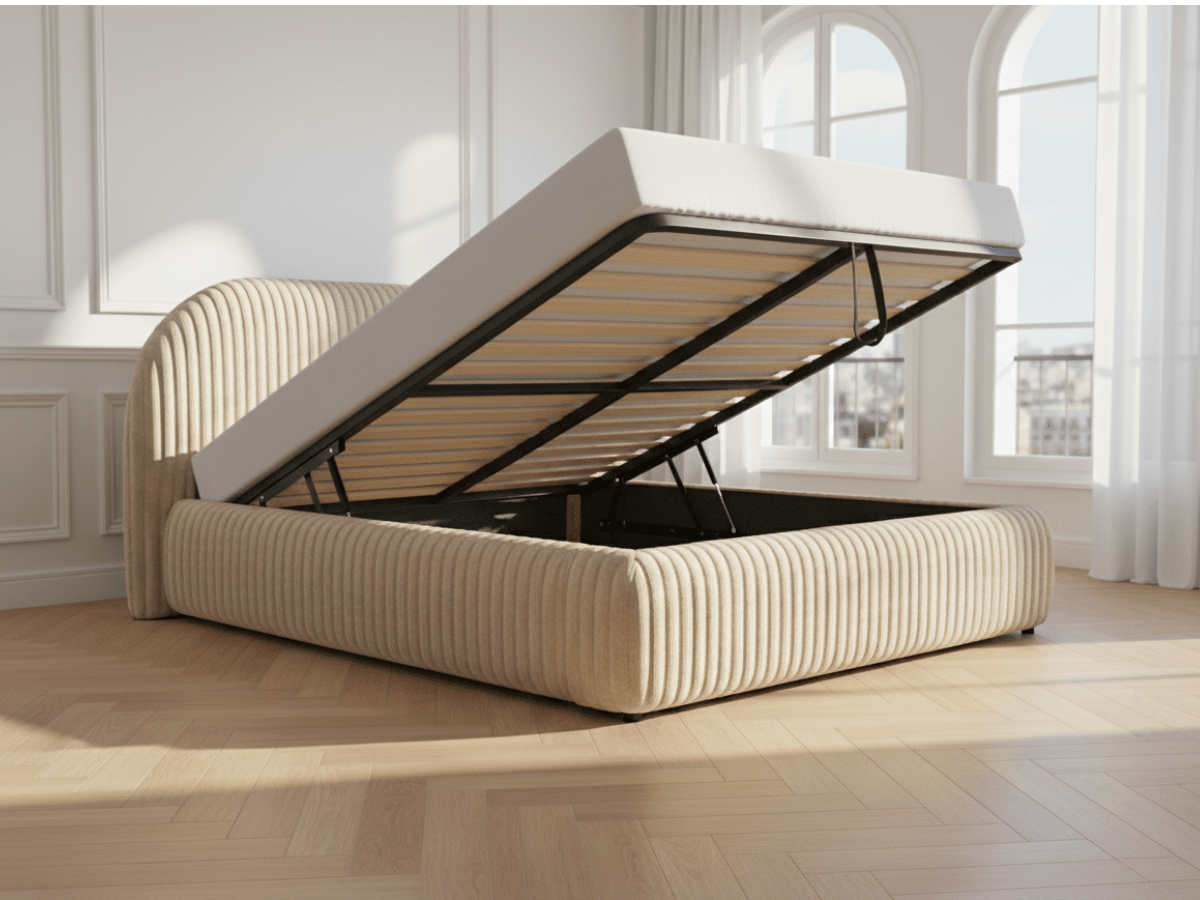 Lit coffre ALMA en velours côtelé grande épaisseur – Lit design arrondi avec rangement intégré – 160x200 ou 180x200