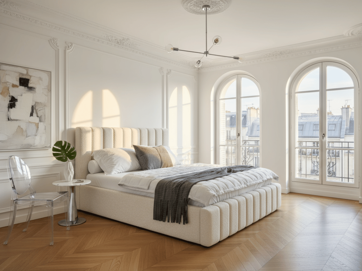 Lit coffre CAROLINE – Lit design rembourré avec rangement intégré, disponible en bouclé blanc, velours côtelé ou velours lisse